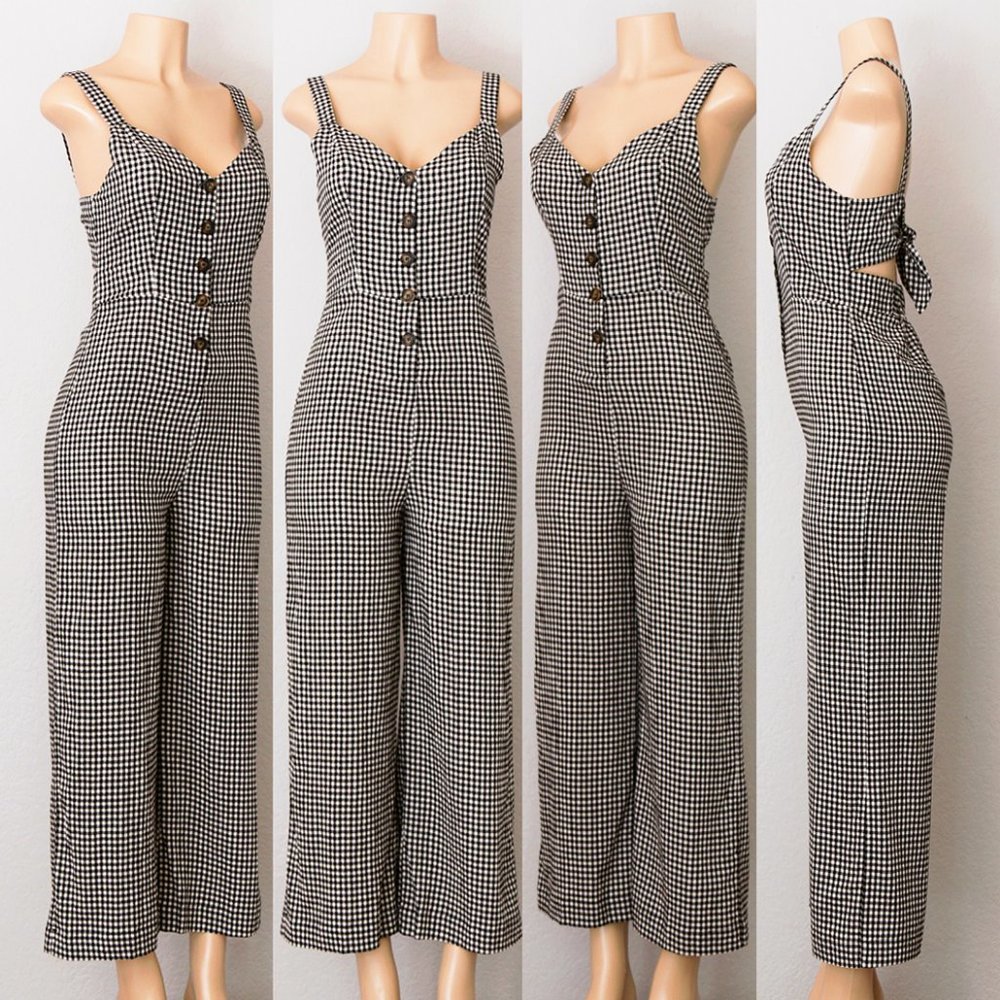 NEW Gingham Plaid Button Front Tie Back Jumpsuits - Picture 9 of 11